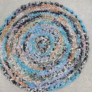 VTG Dish Rag Area Rug 32" Blue Round Braided Handwoven Retro Country Bohemian